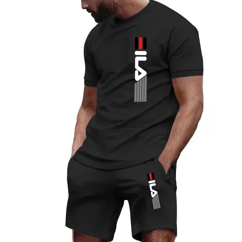 Ensemble pour hommes: T-shirt à manches courtes respirant d'été super confortable en coton soleil de haute qualité + short de jogging décontracté 2 pièces pour hommes