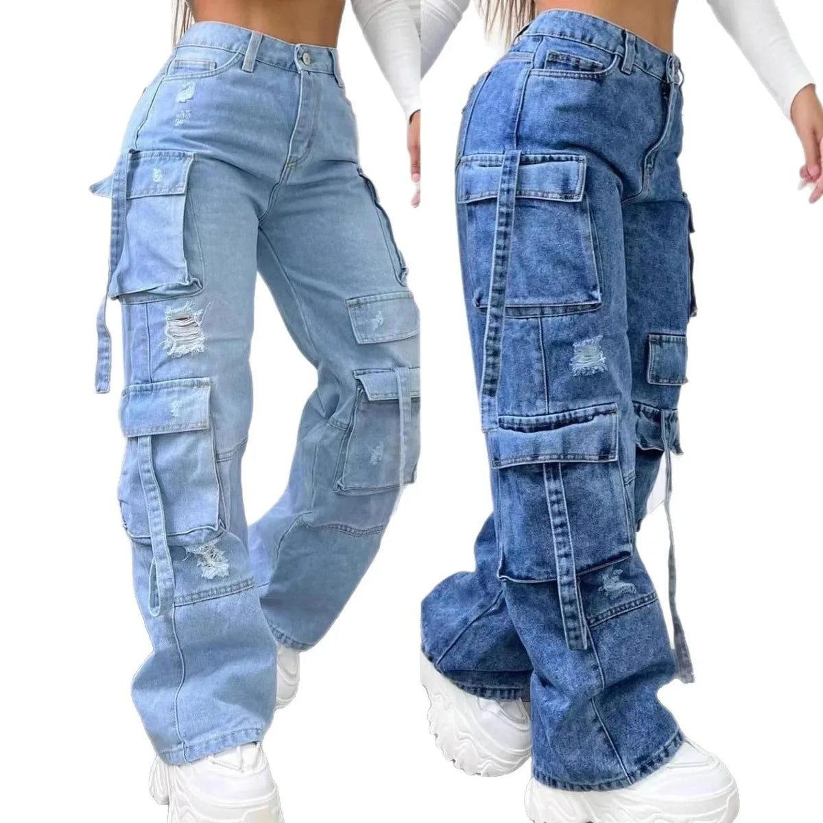 Nouveau Jean Femme 2026 Tendance Couleur Unie Décontracté Style Workwear Denim Taille Haute Multi-Poches Coupe Ample Polyvalent Grandes Tailles