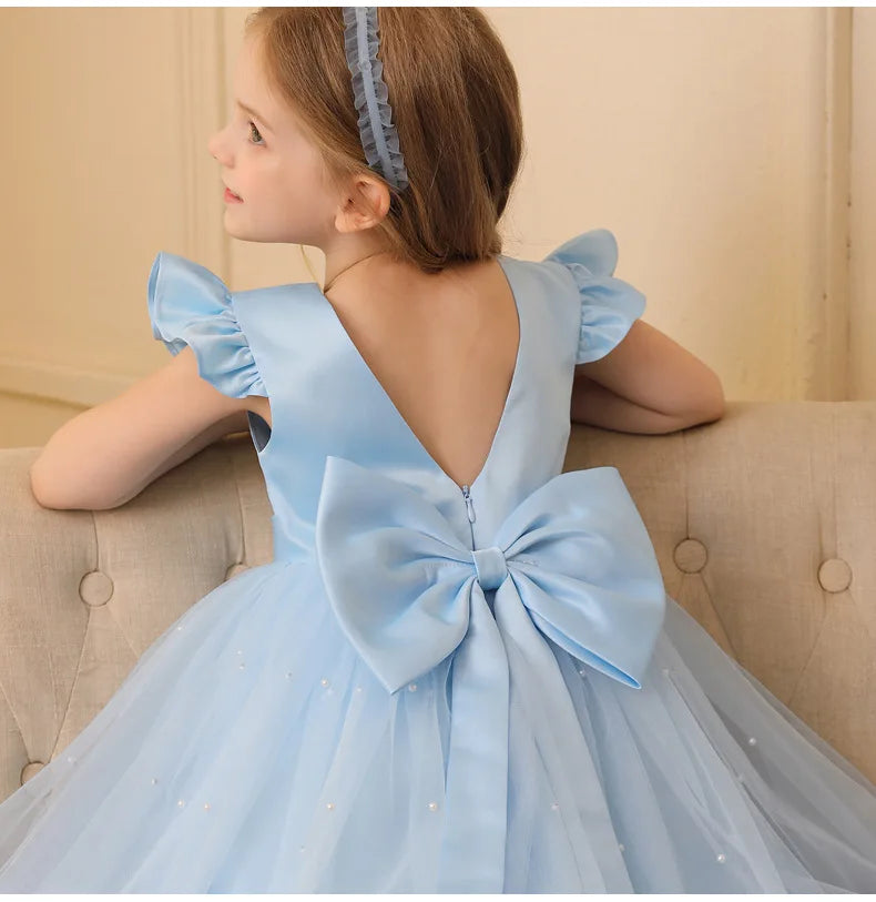 Robe de princesse d'été en tulle à fleurs pour fille, dos nu, avec nœud, pour anniversaire, mariage, piano, fête, ou tenue de cérémonie pour bébé fille