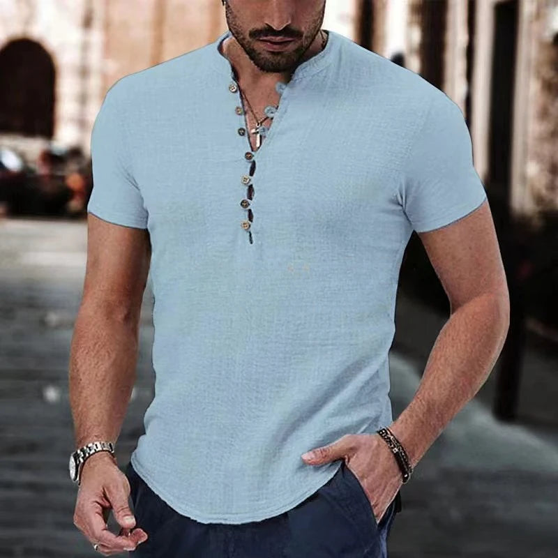 Nouveau t-shirt à manches courtes pour hommes col en V bouton chemise en coton et lin vêtements décontractés pour hommes hauts populaires pour hommes