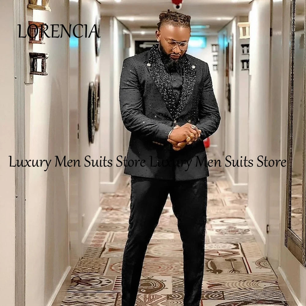 Costumes pour hommes en cristal scintillant 2 pièces col châle Tuxedos costume de luxe bijou tenues de mariage personnalisé Blazer pantalon costumes homme