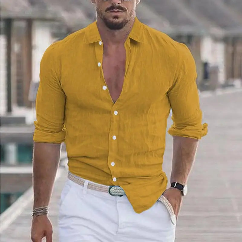 Chemisier hommes nouvel été coton lin revers plage chemise col rabattu à manches longues couleur unie vacances blusas camisas YRW5899