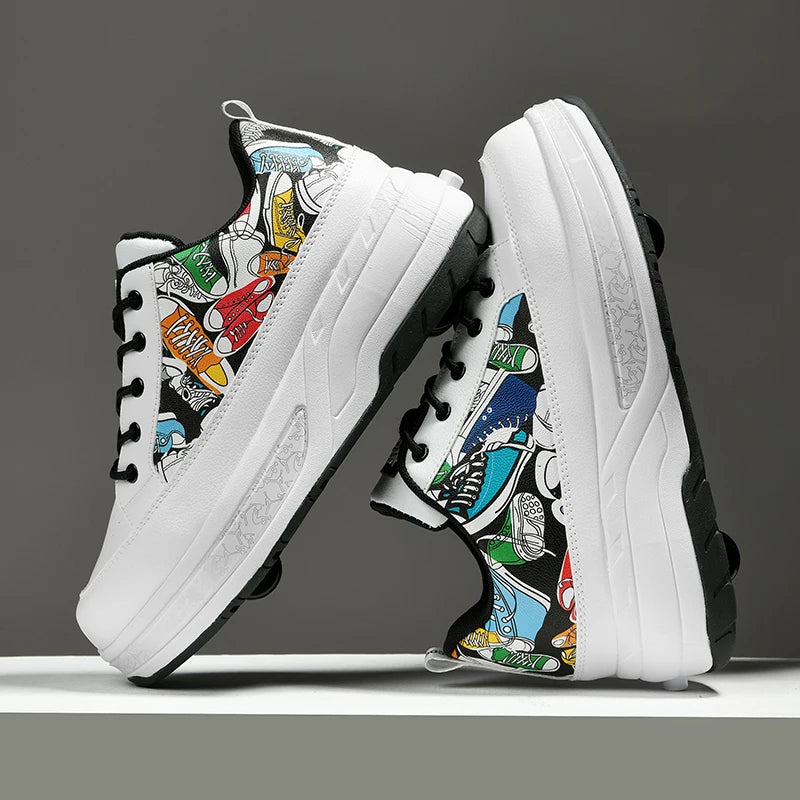 Chaussures de patinage à roulettes pour enfants, quatre roues durables et rétractables, à la mode, à lacets, pour divertissement en plein air, chaussures de sport pour enfants