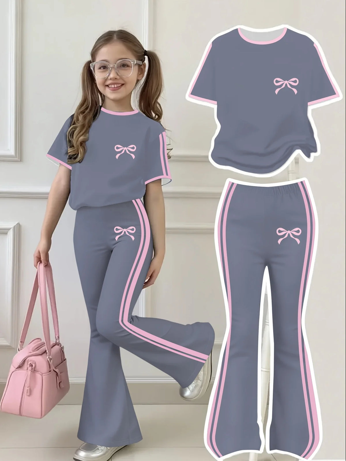 Tenue d'été décontractée pour filles : T-shirt à manches courtes imprimé nœud + pantalon long évasé, ensemble deux pièces avec bordure rose et imprimé nœud, tendance et polyvalent, adapté aux filles de 4 à 12 an