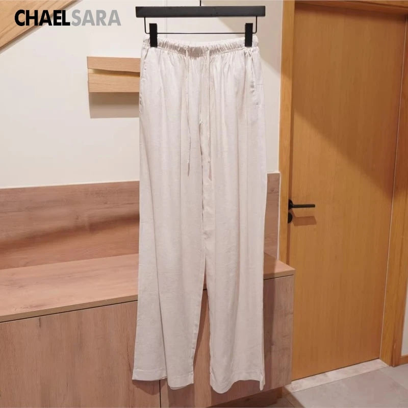 Pantalon droit décontracté en lin mélangé de haute qualité pour femme, avec cordon de serrage, poches et couleur unie, nouvelle collection Printemps-Été 2026