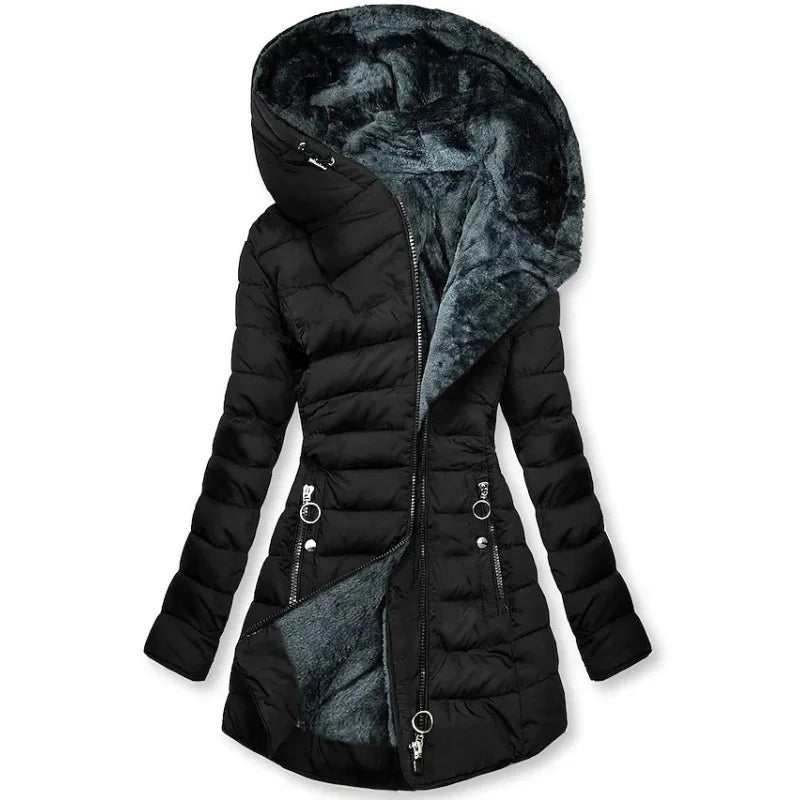 Manteau d'hiver pour femmes QICHE, à capuche, en coton, avec col en fausse fourrure, fermeture éclair, manches longues, coupe ajustée, chaud, style européen.