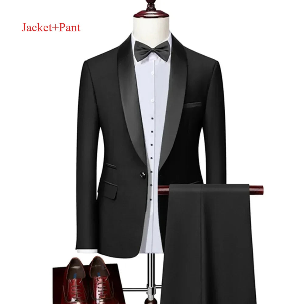 Ensemble de costume noir à revers pour hommes, manteau, gilet, pantalon/affaires pour garçons d'honneur, robe de mariée, pantalon Blazer Fprmal