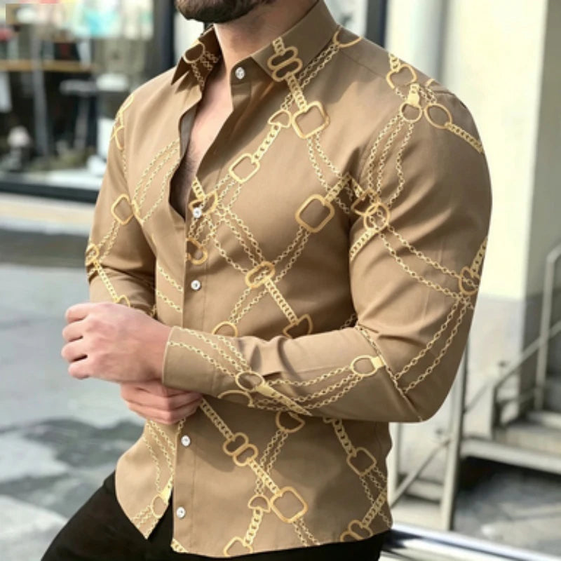 Chemise à manches longues pour homme avec imprimé chaîne dorée, style décontracté chic européen et américain pour jeunes, imprimé tendance pour homme, quotidien
