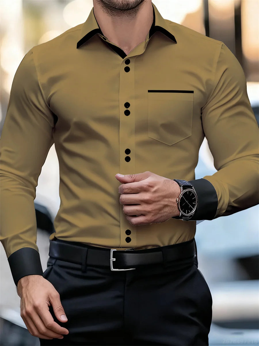 Chemise à manches longues à col bloc de couleur pour hommes d'affaires, coupe ajustée, sans plis, chemise Patchwork noir et blanc, haut tendance pour hommes