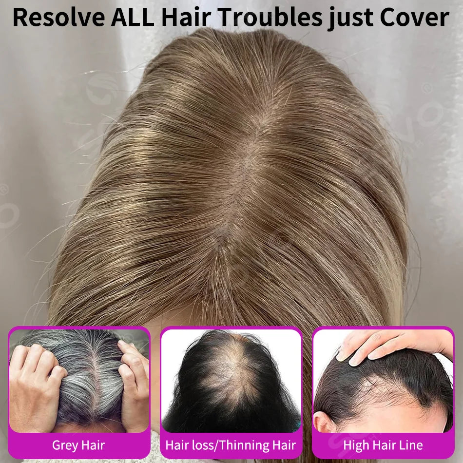 Topper de cheveux humains lisses avec mèches pour femmes 10x12CM, postiche à base de peau avec 4 clips, cheveux humains véritables respirants