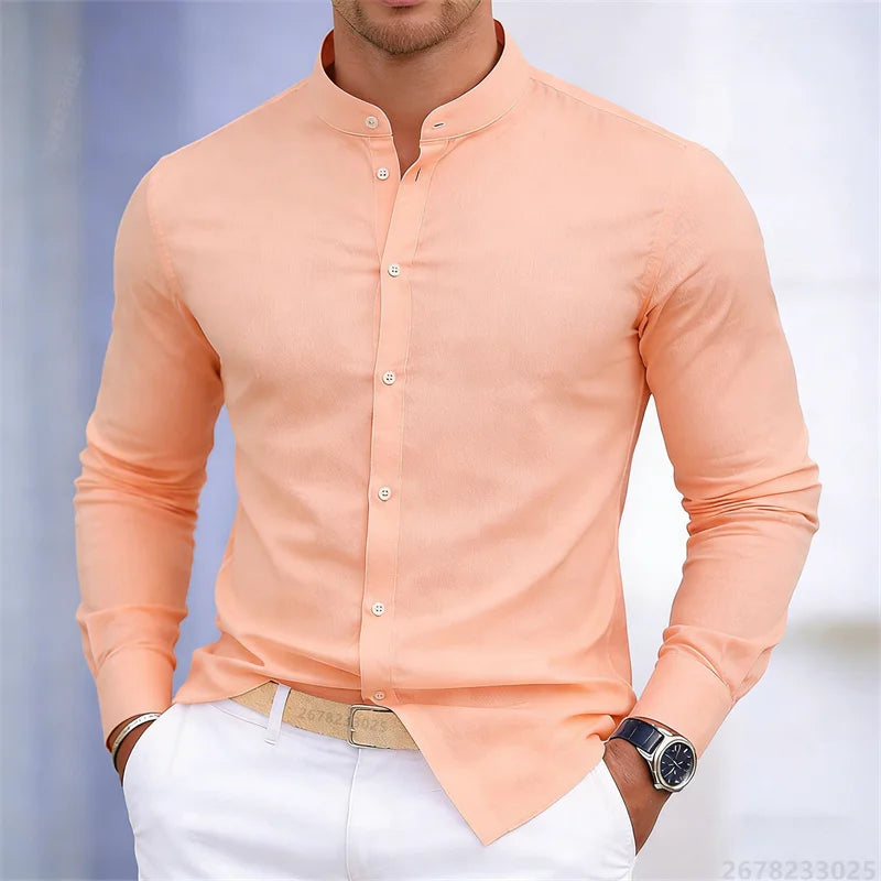 Chemise à manches longues pour homme, col montant, blanche ou noire, couleur unie, coupe ajustée, style business casual, tailles XS-6XL.
