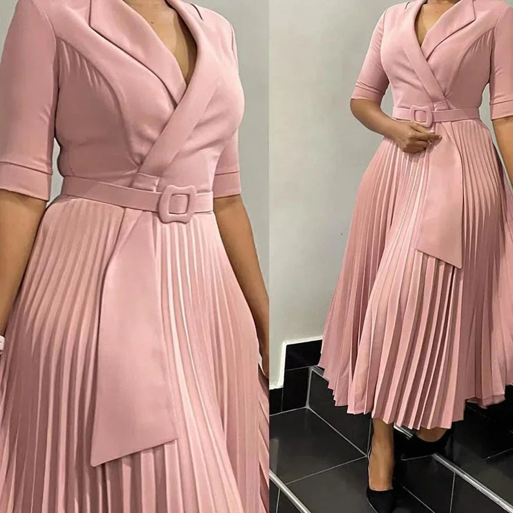 Robe de bureau plissée pour femmes, vêtements d'été élégants, col cranté, demi-manches, ceinture, taille moyenne, nouvelle collection