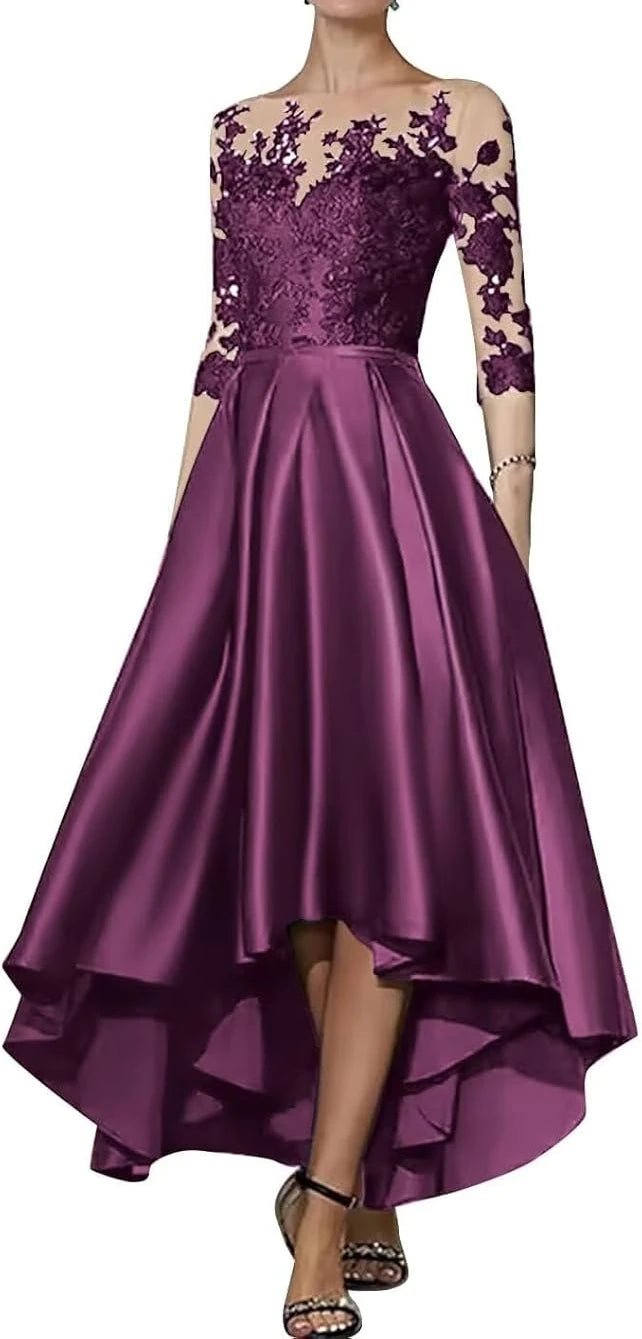 Robe en satin à col en V pour mère de la mariée, robe trapèze élégante longueur thé, devant court, dos long, invité de mariage