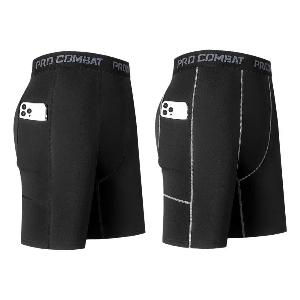 Pantalon court de compression pour hommes, élastique, à séchage rapide, pour la course à pied, la remise en forme, avec poche, grande taille, noir, pantalon d'entraînement serré pour la salle de sport