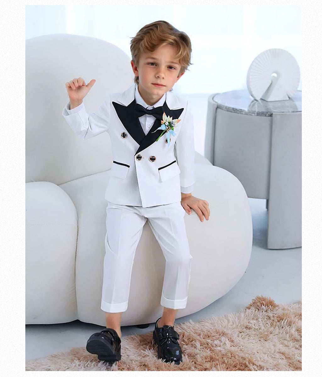 Costume de mariage blanc pour enfants, 3 pièces, veste, pantalon, Botwtie, costume de photographie, fleur, robe de soirée de smoking d'anniversaire pour garçons