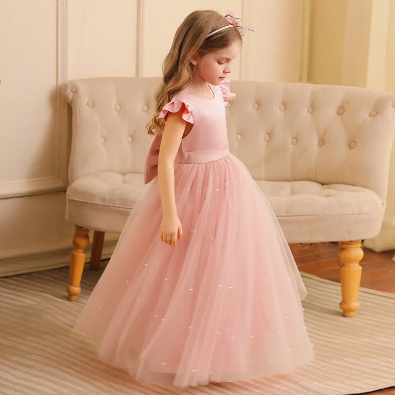 Robe de princesse d'été en tulle à fleurs pour fille, dos nu, avec nœud, pour anniversaire, mariage, piano, fête, ou tenue de cérémonie pour bébé fille