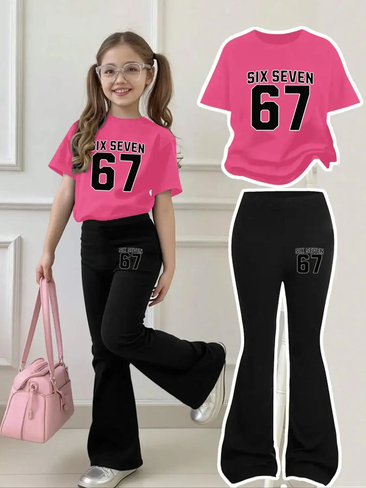 Vêtements pour enfants, ensemble à manches courtes pour filles de 4 à 12 ans, rose et noir, style doux et cool, ensemble pantalon évasé à manches courtes avec imprimé 67 Six Seven, pantalon et haut à manches courtes a