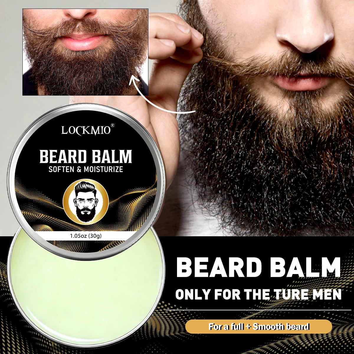 Baume adoucissant et coiffant pour barbe LOCKMIO 30g pour hommes, tenue longue durée, beurre pour moustaches, crème hydratante et définissante pour poils du visage