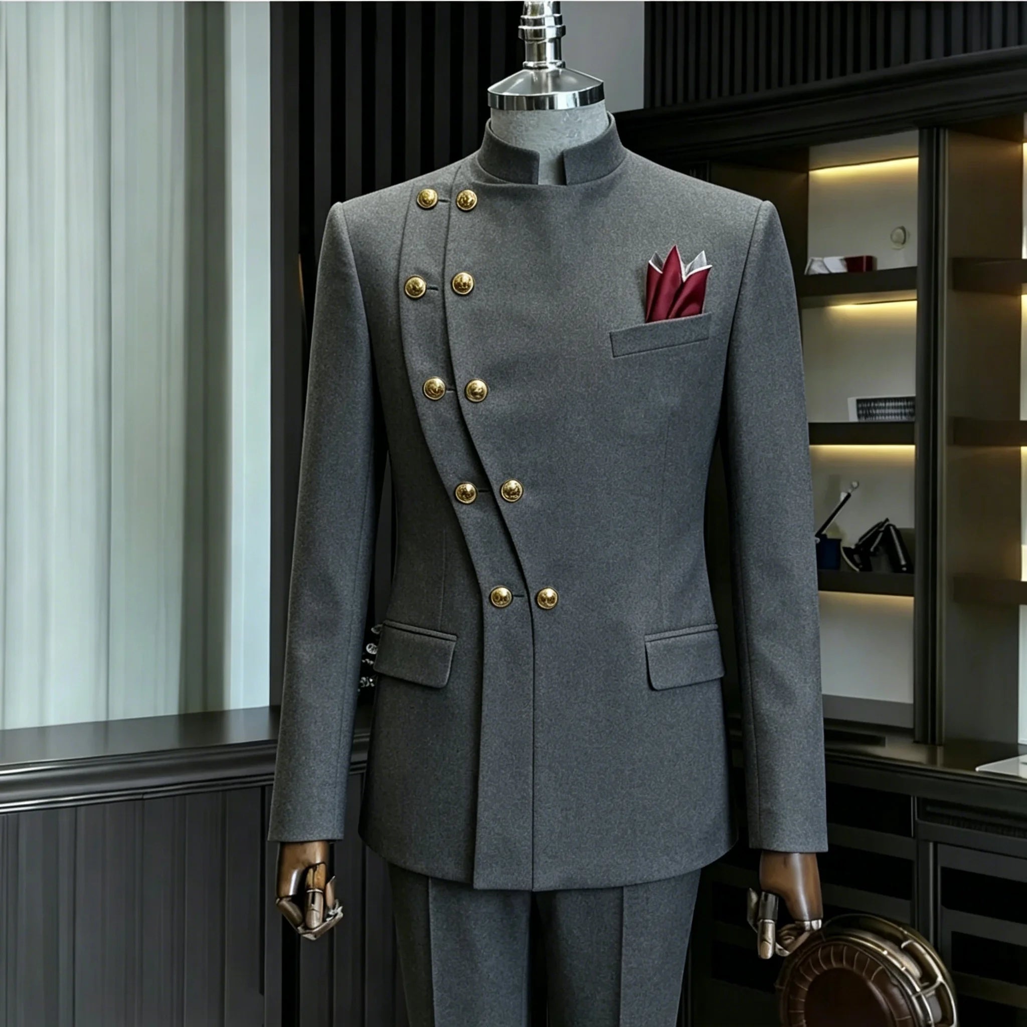 Costume de Mariage Homme Bleu Marine Croisé à Double Boutonnage Col Montant – 2 Pièces (Blazer + Pantalon) – Idéal pour le Marié ou le Garçon d'Honneur