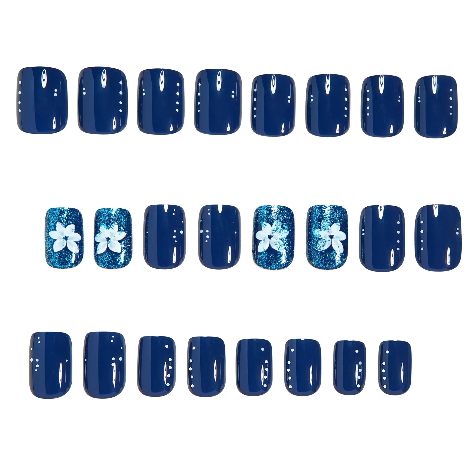 Faux ongles courts carrés pour femmes et filles, dégradé bleu foncé avec motif floral, couverture complète, pose facile, acrylique, faux ongles décoratifs.