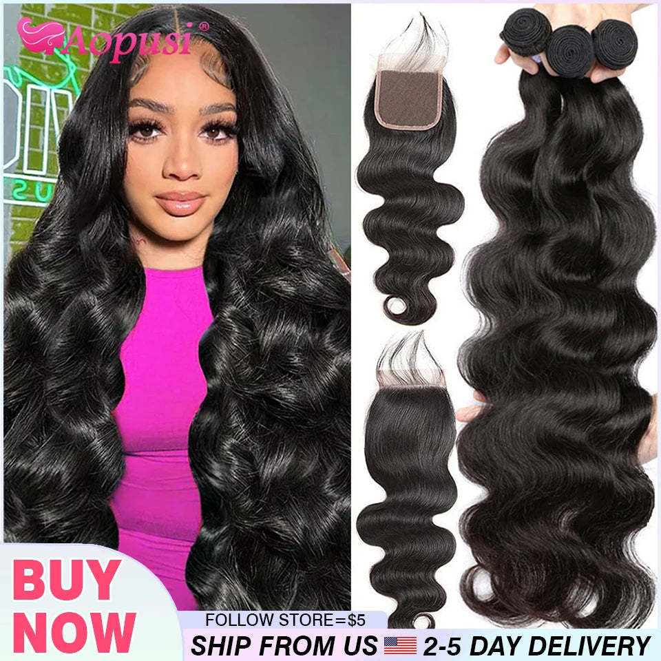 Aopusi – tissage en lot brésilien naturel Body Wave avec Closure, Extension de cheveux, lots de 3/4
