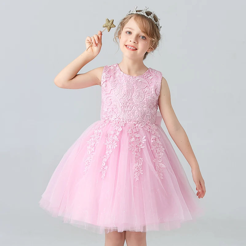 Robe à fleurs en dentelle blanche pour filles, avec nœuds, robe de première Communion pour enfants, robes de princesse sans manches, BX8991