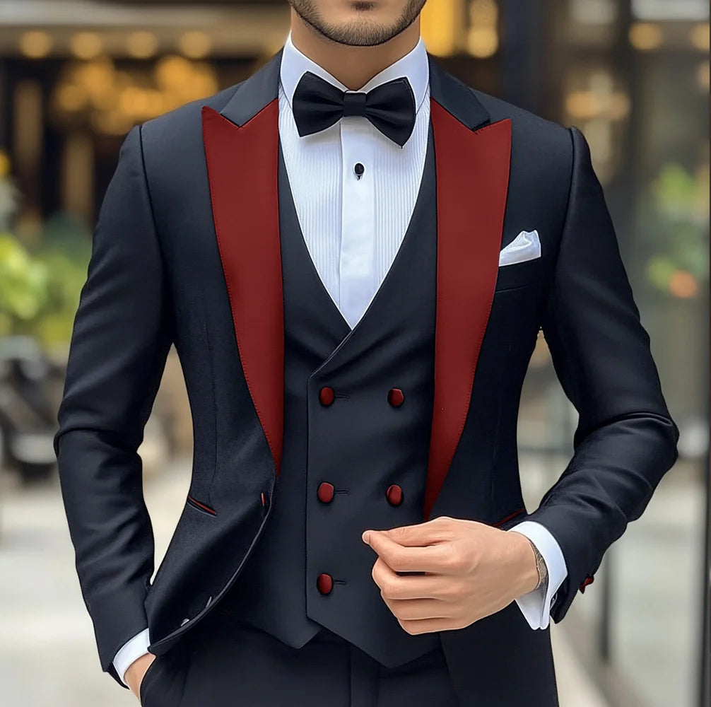 Costume 3 pièces de smoking de mariage pour marié, costume noir pour hommes, veste, pantalon, gilet formel, Blazer à revers, tenue cintrée