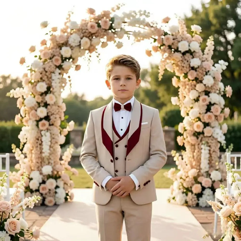 Costume de mariage formel 3 pièces pour garçons, tenue de smoking pour enfant, veste avec gilet et pantalon assortis, tenue élégante pour banquet et anniversaire