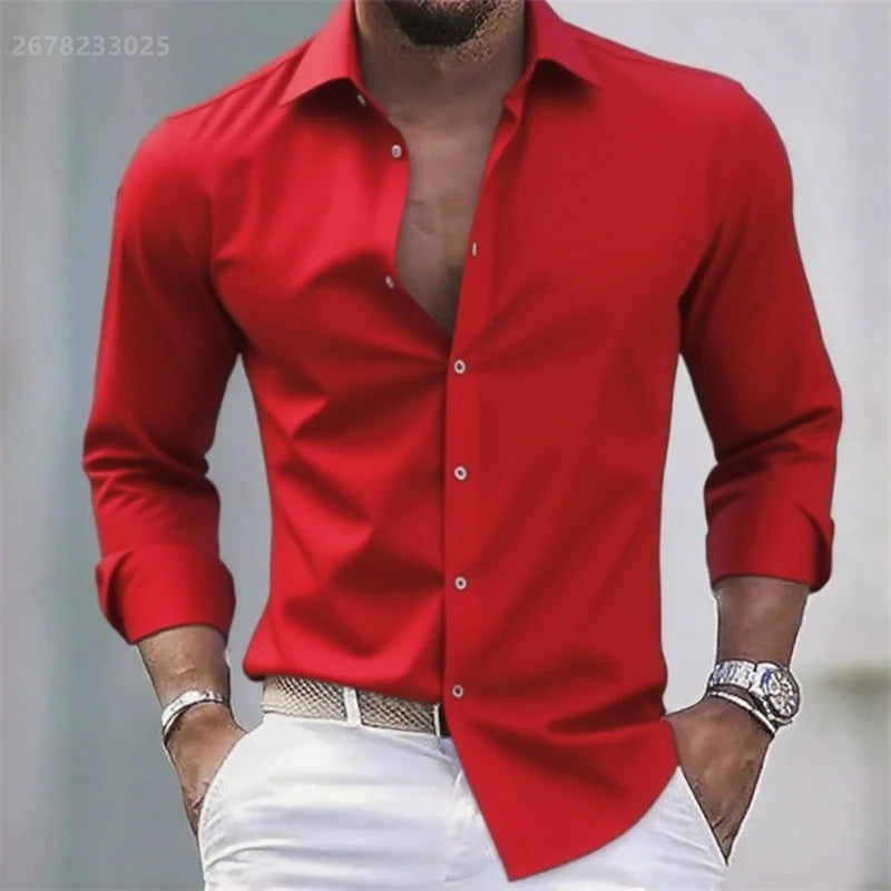 Chemise blanche décontractée pour homme, couleur unie, tissu extensible à manches longues, chemise formelle pour affaires, tissu confortable