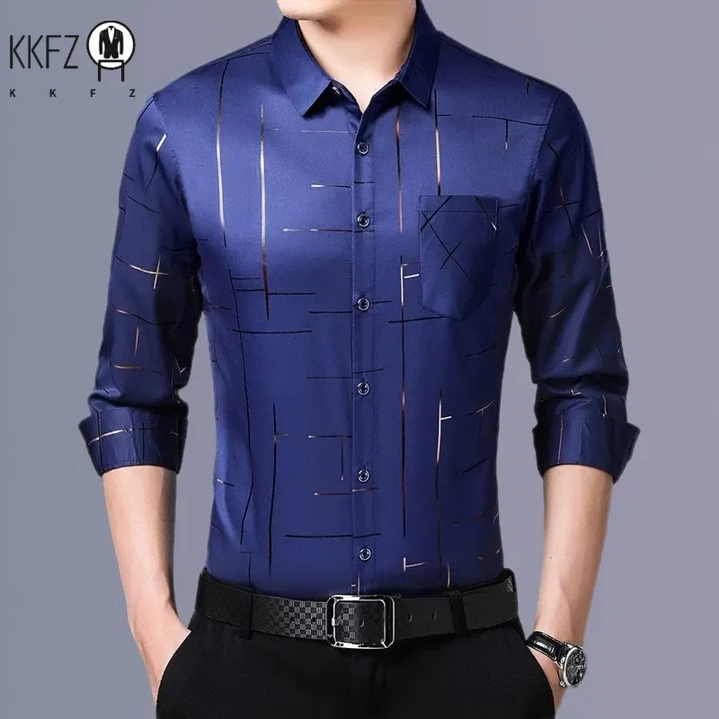 Chemise imprimée à manches longues pour hommes, haut d'affaires décontracté et à la mode, sans repassage et résistant aux rides