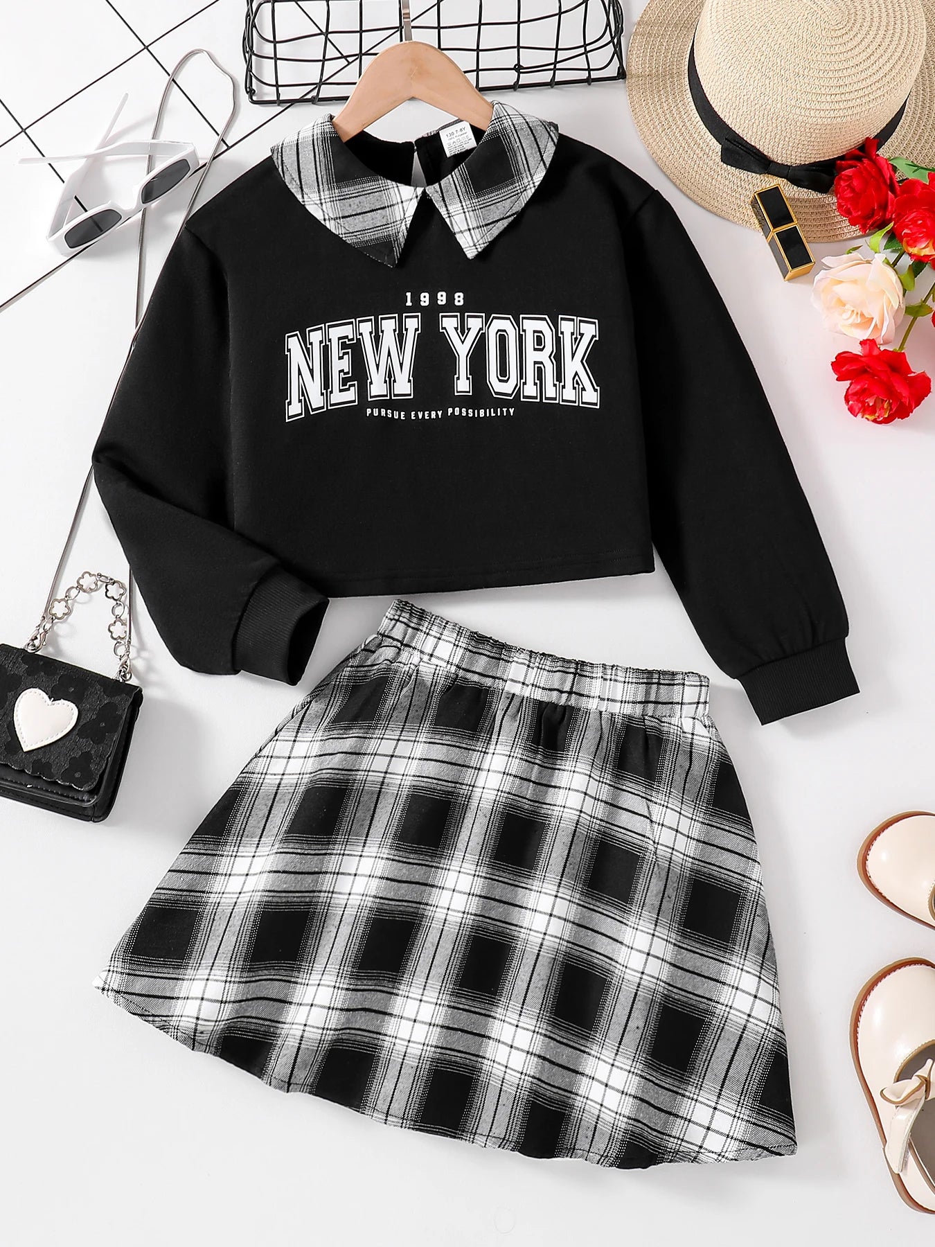 Ensemble 2 pièces décontracté pour filles, chemise à revers noir, manches longues, lettres imprimées, jupe à carreaux, nouvelle collection printemps automne