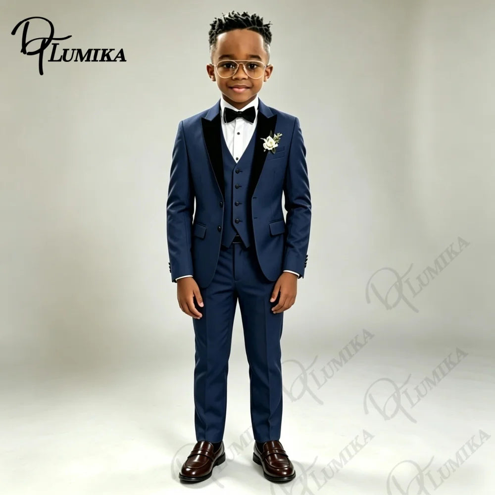 Ensemble de costume formel bleu marine pour garçons avec cravate florale, blazer à revers pointus, gilet et pantalon pour mariage, porteur d'alliances, fête ou tenue de scène