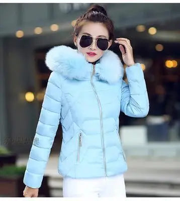 Femmes Parkas court manteau à capuche veste surdimensionné solide grand col de fourrure fermeture éclair manches longues mince épais bureau dame décontracté 2025 hiver