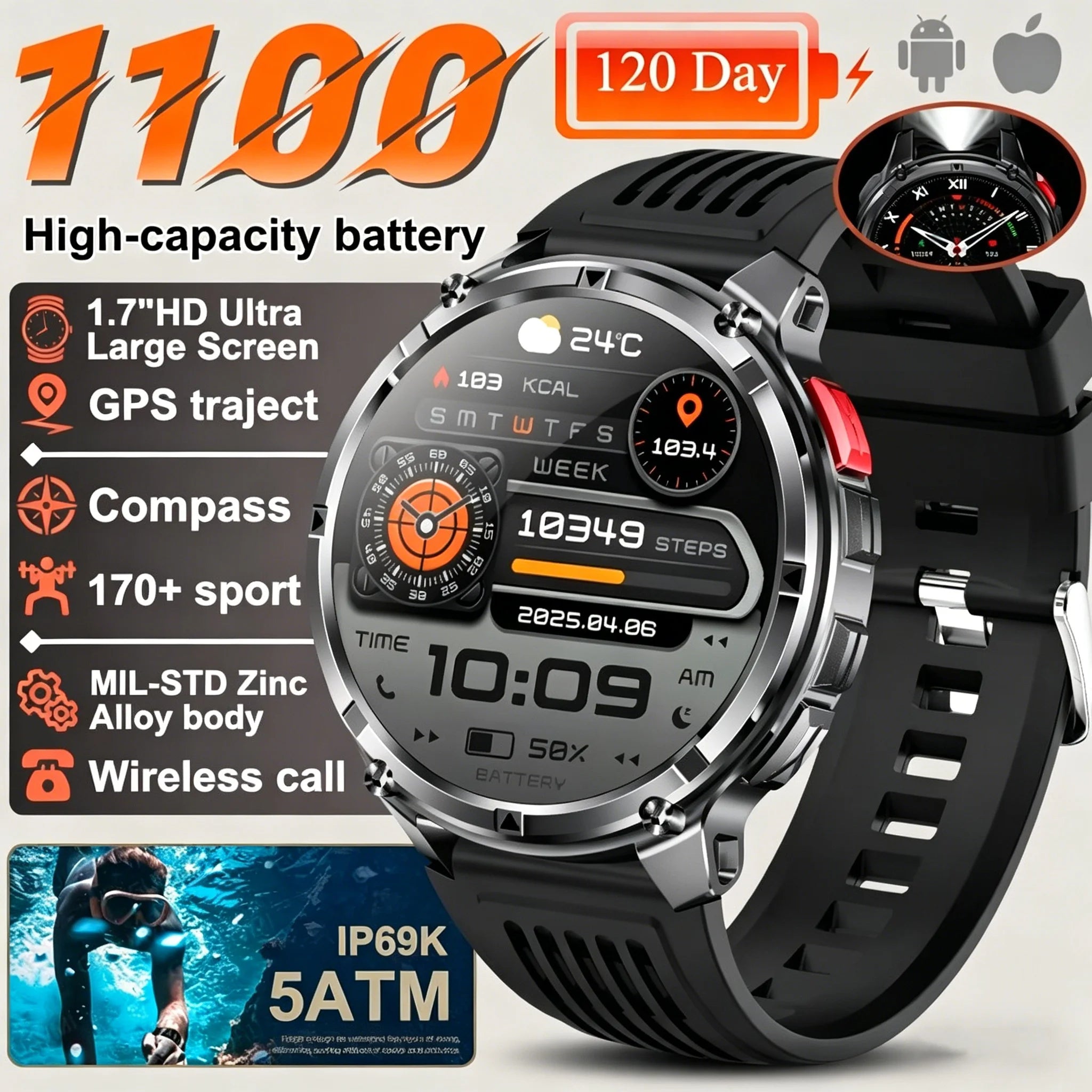 Nouvelle montre connectée T-REX3 Ultra avec batterie 1100mAh, étanche 10ATM, GPS, boussole, lampe de poche, écran AMOLED HD de 1,7 pouces, appels, montre connectée sport pour hommes
