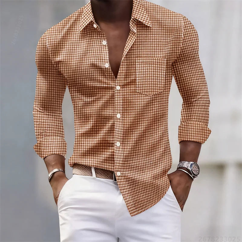 Chemise pour hommes 13 couleurs, chemise à manches longues à carreaux bleu clair et blanc, haut pour hommes coupe slim, décontracté, d'affaires et de déplacement.