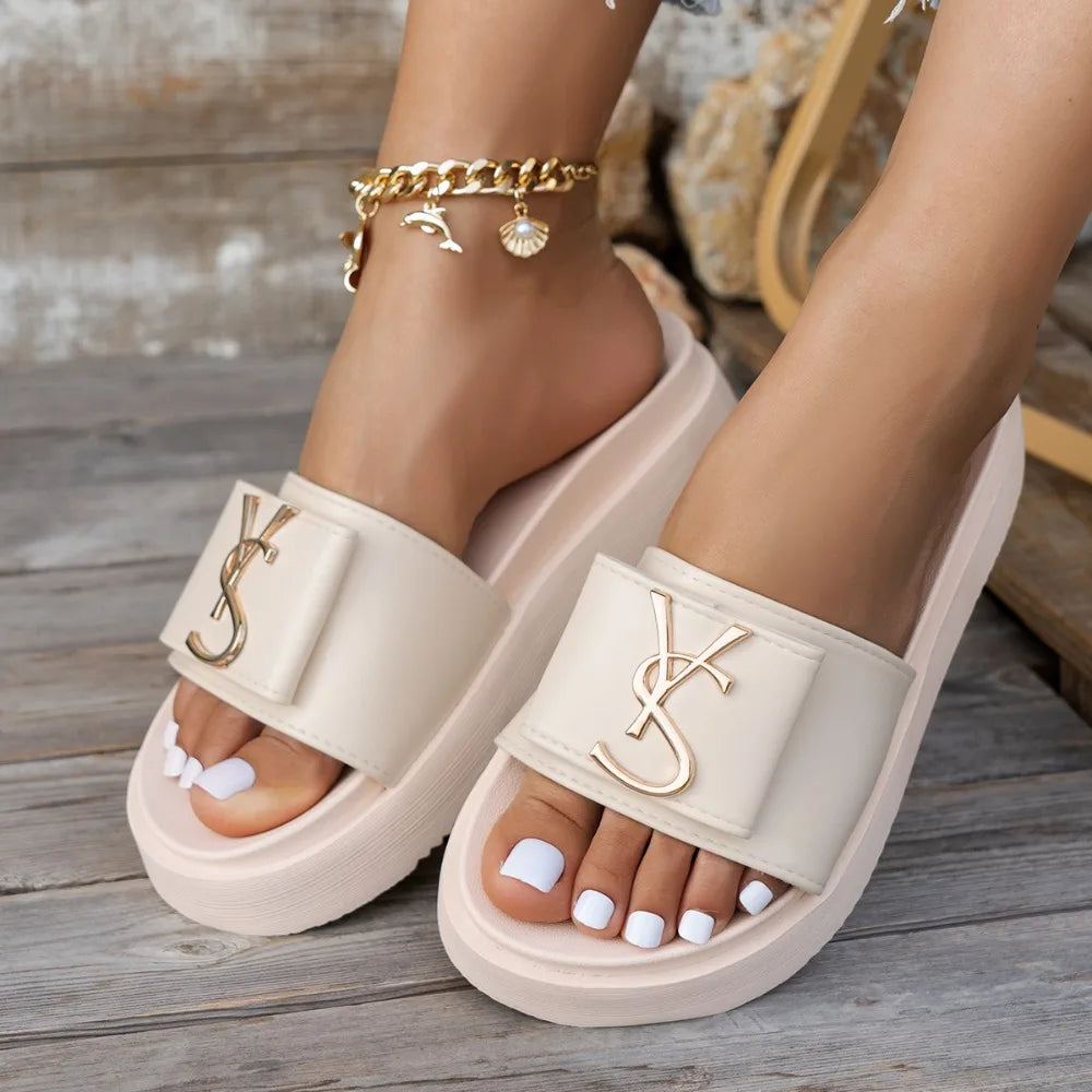 Sandales de luxe pour femmes à plateforme, design tendance avec lettres, décontractées, antidérapantes pour l'extérieur