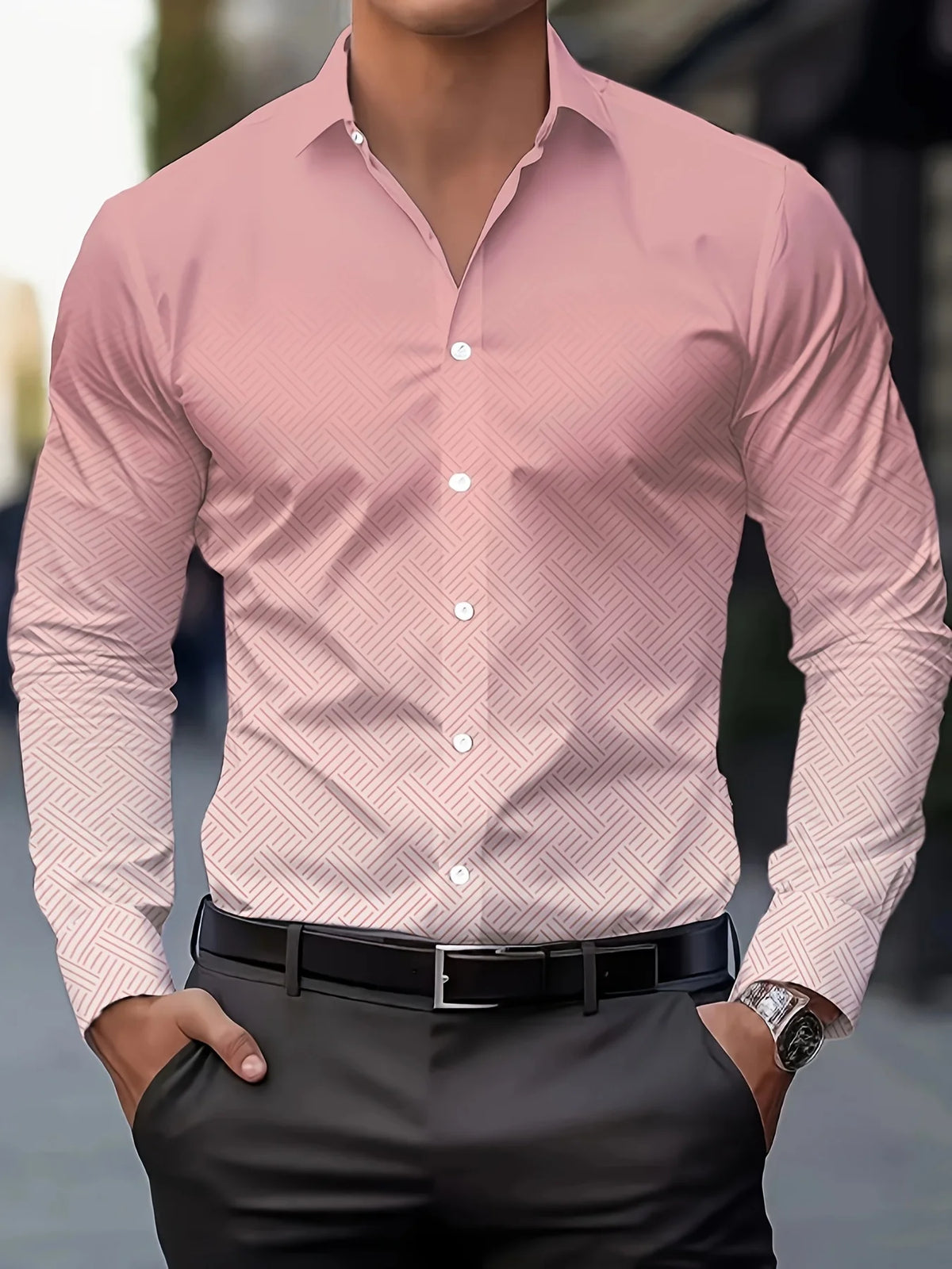 Costume chemise rose noir blanc décontracté extérieur couleur unie rayé confortable doux revers hommes hauts bureau grande taille 2024