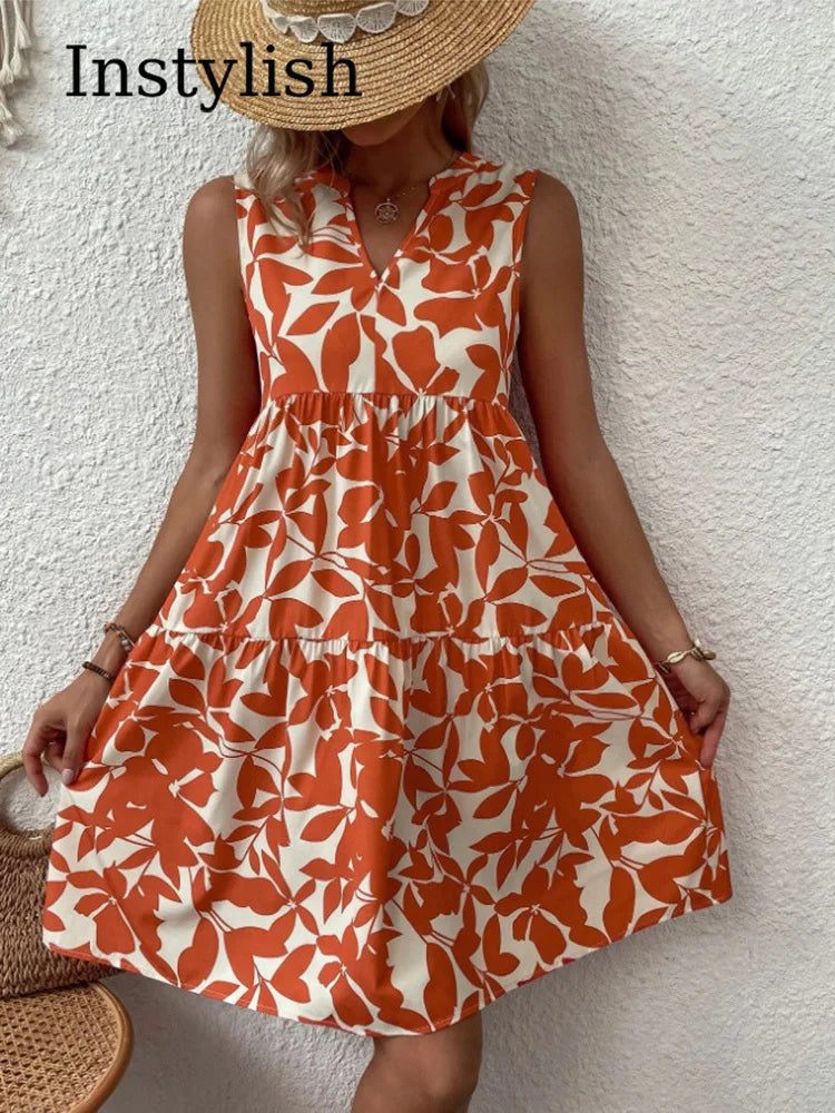 Femmes Boho imprimé Mini robe été élégant sans manches col en V à volants une ligne débardeur décontracté ample surdimensionné plage fête robe d'été