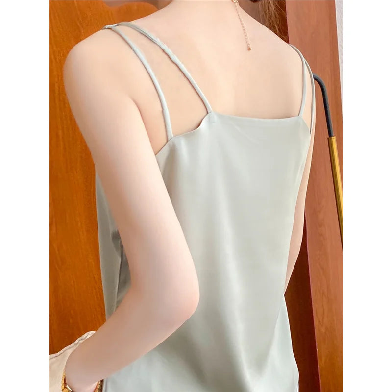 Débardeur en soie pour femme, en soie glacée, dos élégant, blanc et noir, style décontracté, col en V, pour l'été, taille L