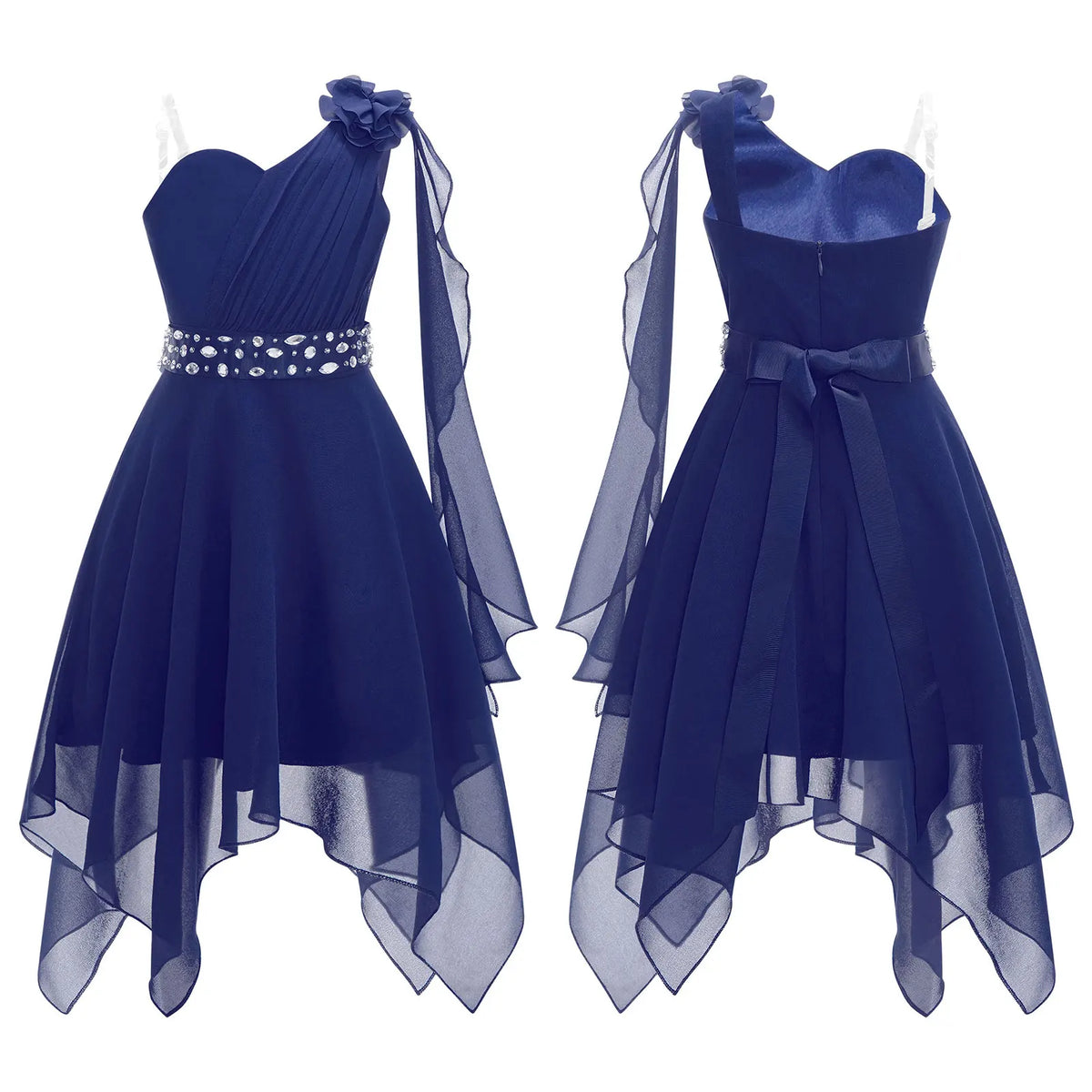 Robes d'été sans manches pour filles, col licou, en mousseline de soie, à volants, robe de soirée de mariage pour demoiselle d'honneur junior, robe irrégulière en Faux diamant