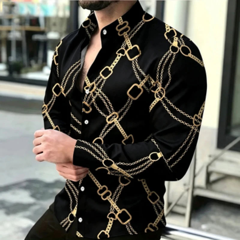 Chemise à manches longues pour homme avec imprimé chaîne dorée, style décontracté chic européen et américain pour jeunes, imprimé tendance pour homme, quotidien
