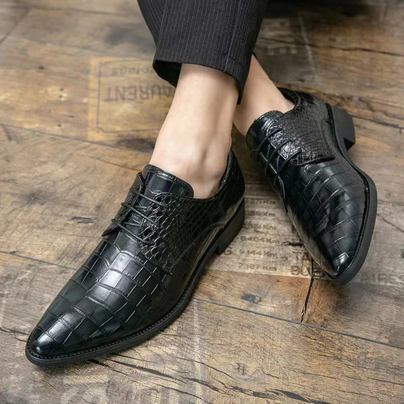 Chaussures habillées en cuir marron gaufré crocodile pour hommes, à bout pointu, à lacets, style Oxford, pour affaires, bureau, mariage, soirée, confortables