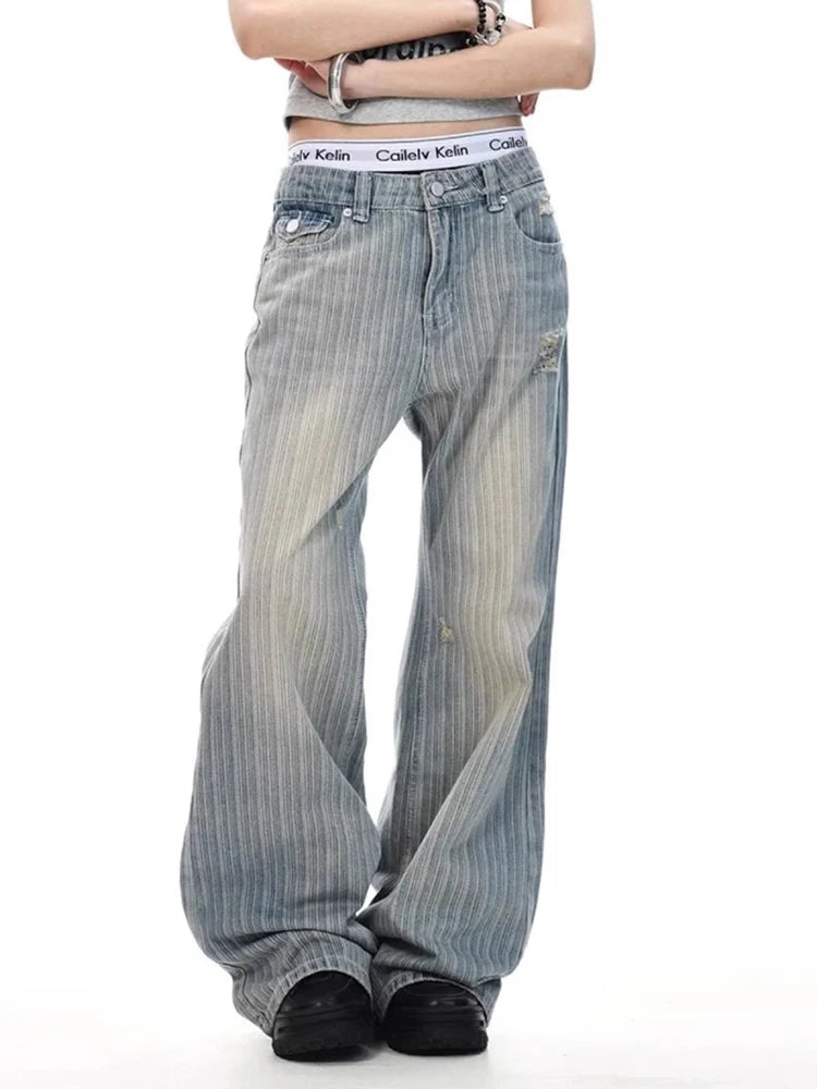 Jean en Denim détresse rayé drapeau américain Vintage, coupe ample, pantalon Micro évasé pour hommes et femmes, Style décontracté