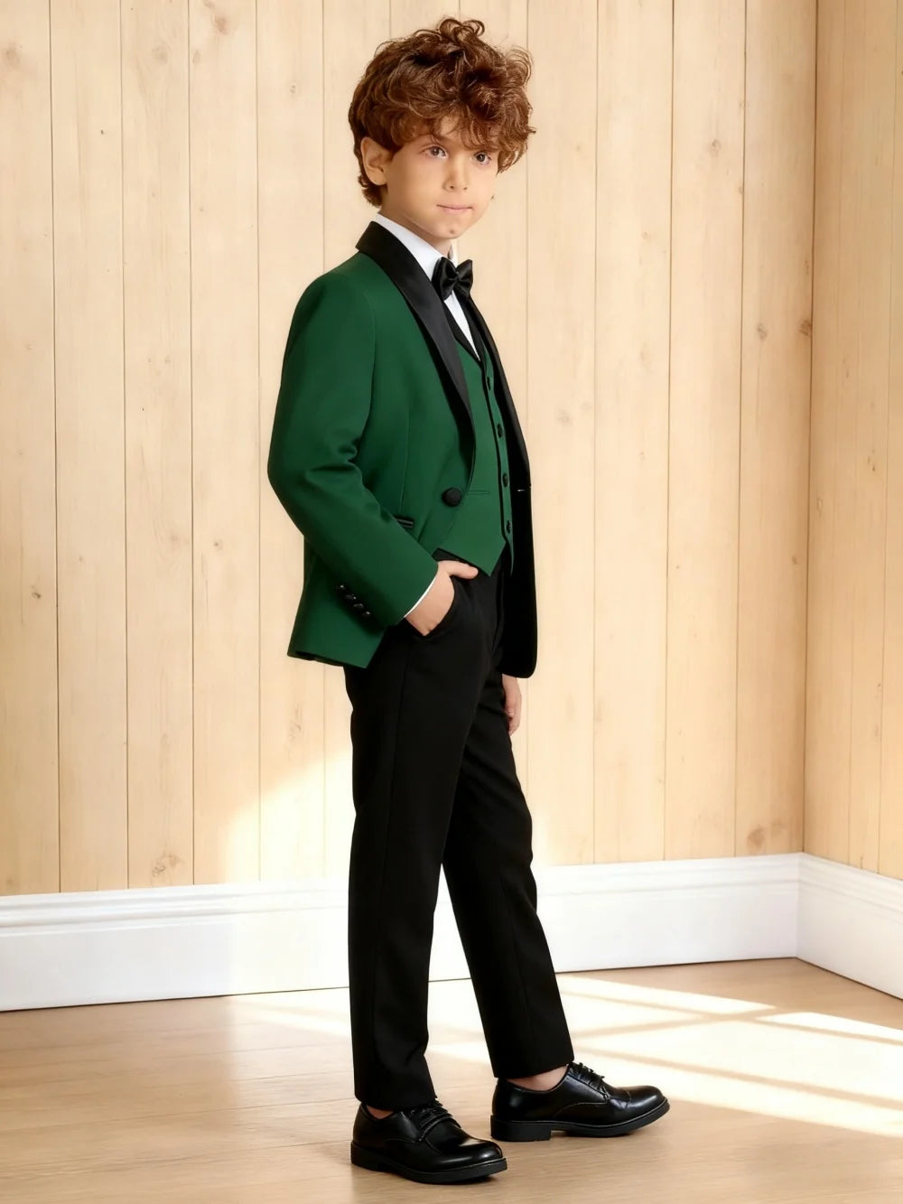 Vente chaude élégant vert émeraude garçons costume formel ensemble 3-14 ans 4 pièces enfants mariage smoking Blazer gilet pantalon nœud papillon