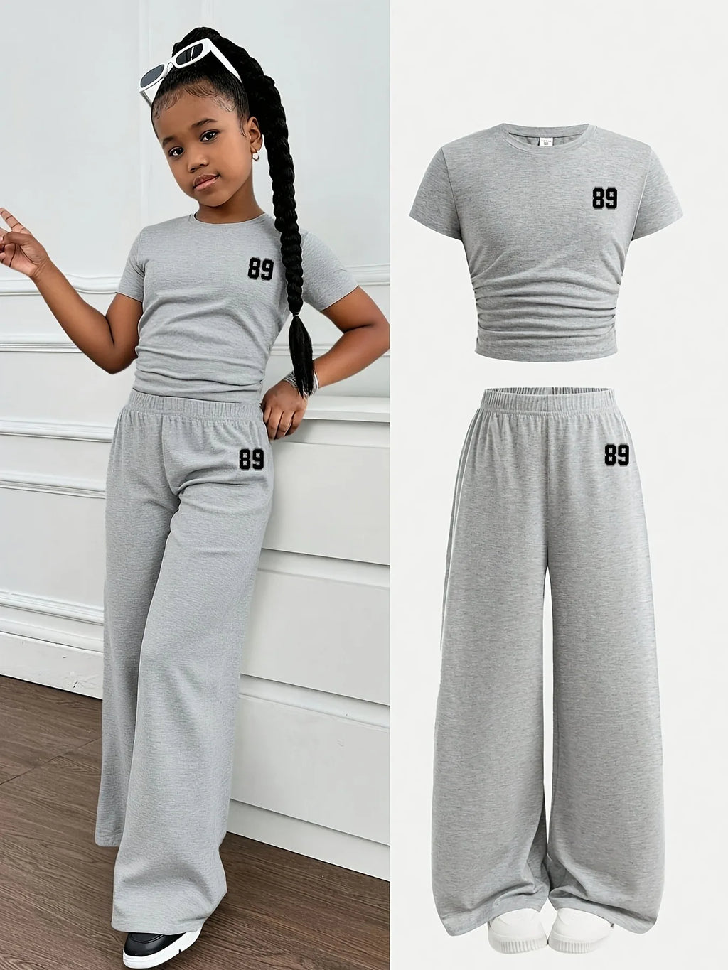 Ensemble tendance 2 pièces gris pour filles, t-shirt court froncé minimaliste avec logo 89 et pantalon ample à jambes larges pour le streetwear et le quotidien