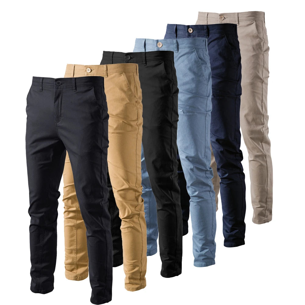 Nouveau Pantalon Décontracté d'Été 2026 pour Homme, 97% Coton, Couleur Unie, Coupe Slim Extensible, Gris, Fin, Style Business, Vêtement de Marque Masculin