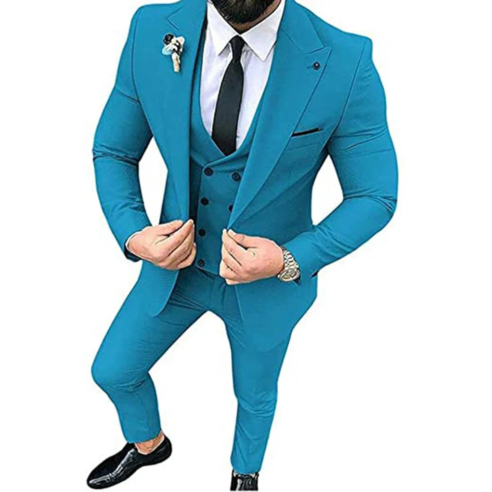 Costumes pour hommes beiges Tuxedos de marié coupe ajustée affaires décontracté pic revers 3 pièces ensemble de Costume Costume Homme (veste + pantalon + gilet)