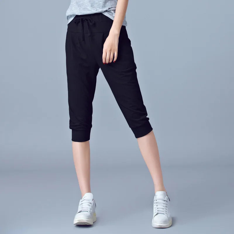 Pantalon court extensible bleu taille haute pour femme, pantalon sarouel athlétique léger gris d'été, short noir à cordon de serrage.