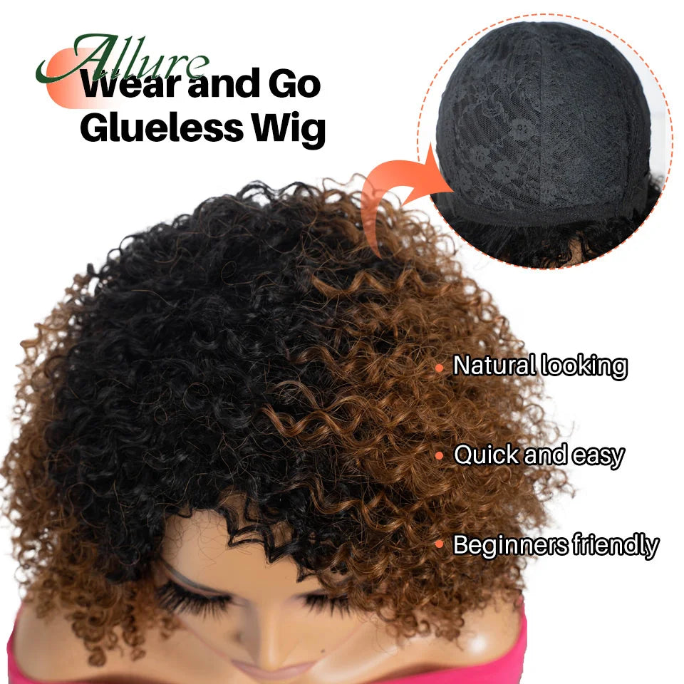 Perruques brésiliennes Jerry Curly en cheveux humains pour femmes, couleur brun foncé, cheveux courts bouclés, perruque sans colle, perruques afro crépues Allure