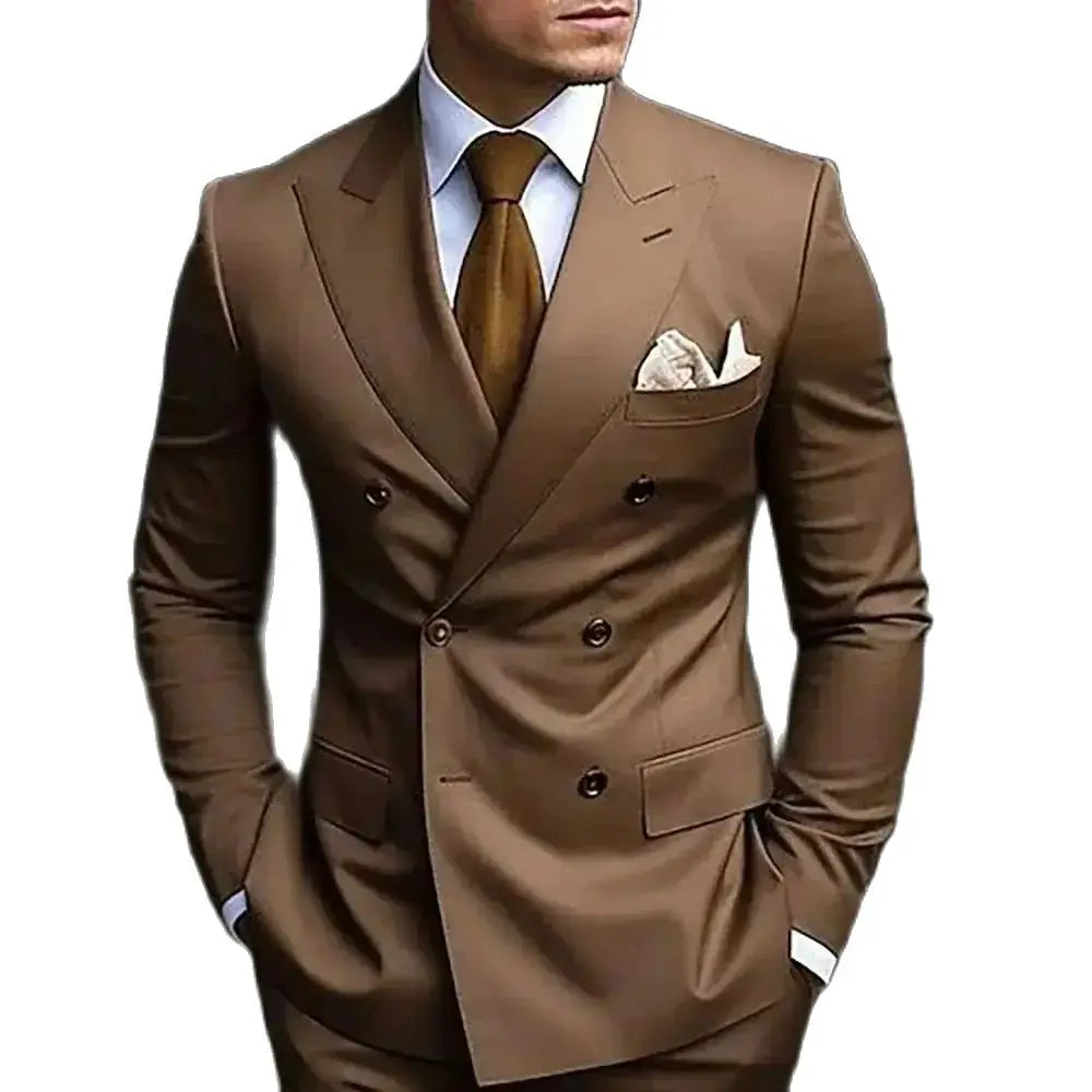 Costumes de mariage sur mesure à double boutonnage pour hommes, blazer formel à revers pointu imbibé, coupe couvertes, veste et pantalon 2 pièces, marron, haute qualité, 2024